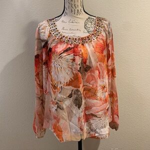 Jennifer Lopez Orange Floral Blouse with Embellished Neckline